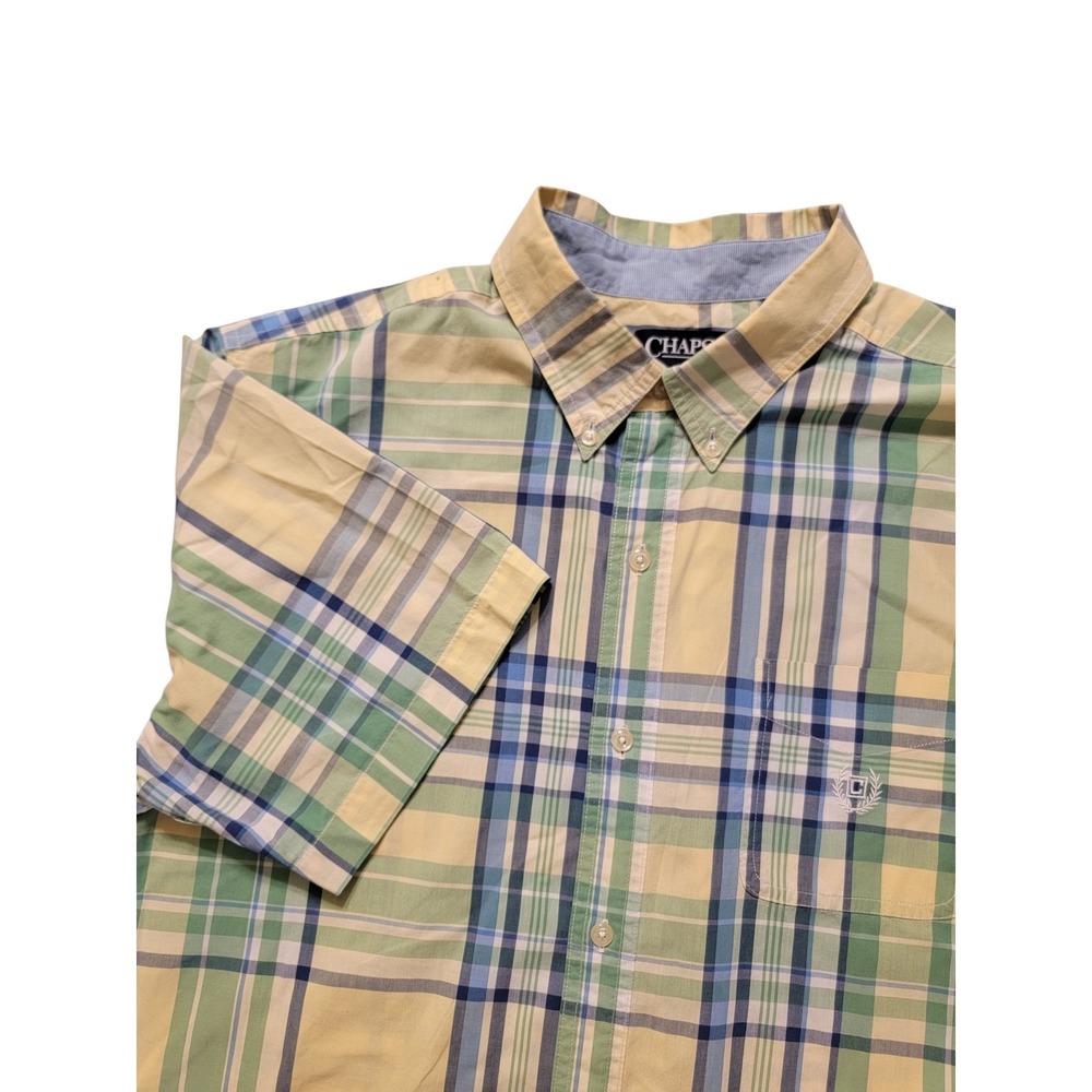 Chaps Mens Plaid Short Sleeve Button Down Shirt Easy Care‎ XL Yellow Green Blue